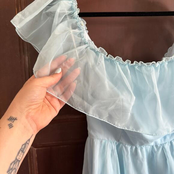 80s Vintage Baby Blue Ruffle Off Shoulder Chiffon Prom Dress with Gather Small - Picture 5 of 6